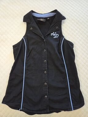 Harley Davidson Women's XS Sleeveless Button Snap Top Light Blue Logo Embroidery